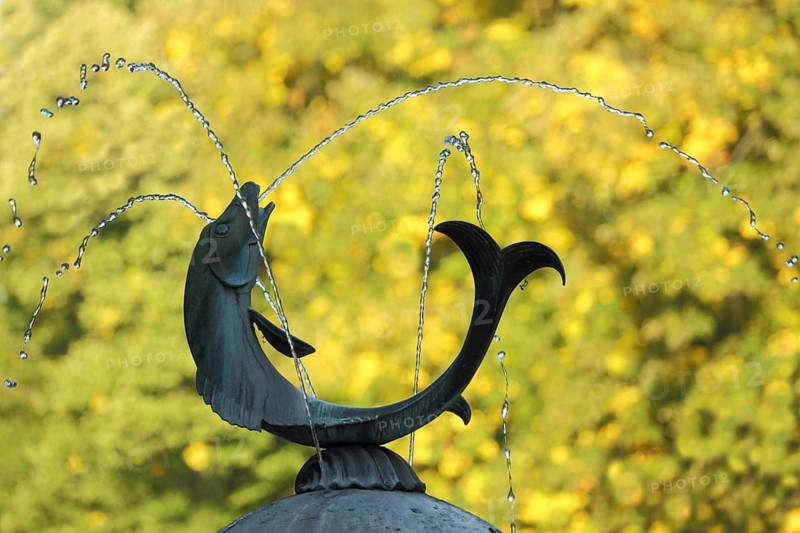 'Quellmänner un Hering' fish gate fountain by Rudolf Schreiner 1931, modern art, bronze sculpture, curved round fish figure with water jets criss-crossing, water features, autumn coloring, detail, fountain, Fischtorplatz, Mainz, Rhineland-Palatinate, Germany