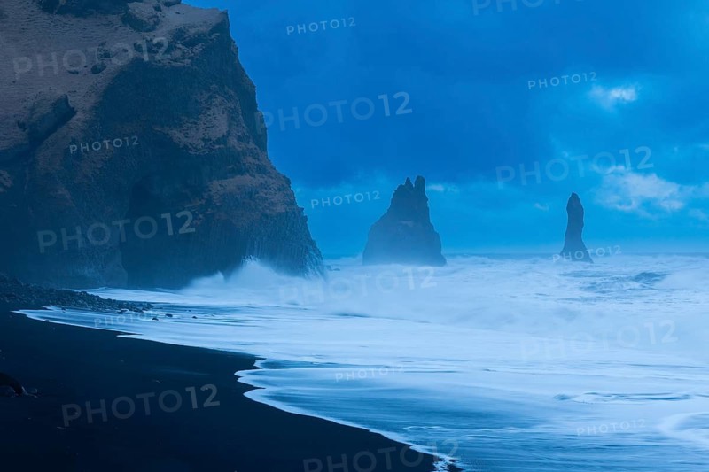 Reynisdrangar pinnacles, lava sandy beach, lava rocks, sea, waves, surf, blue hour, Vik, Iceland, Scandinavia