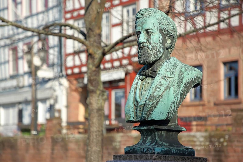 Memorial to Johann Philipp Reis 1834-1874, inventor of the telephone, bust, Gelnhausen, Hesse, Germany