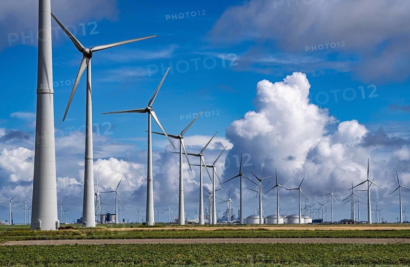 Wind farms Westereems and Growind, in the north of the Netherlands, near Eemshaven, energy centre, in addition to wind energy there are coal and gas-fired power plants and various energy infrastructure facilities, Netherlands