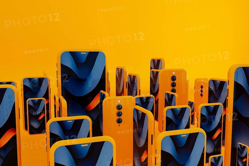Many yellow frame smartphone exist with blue abstract art displayed on the screen. This creates a modern mobile background. 3D effect