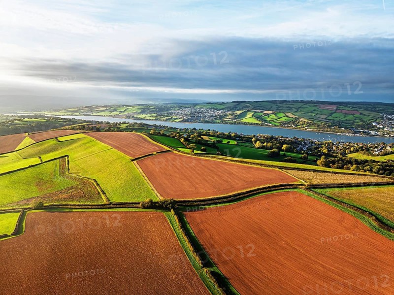 Colours of autumn Fields and Farms over Sheldon from a drone, Torbay, Devon, England, United Kingdom