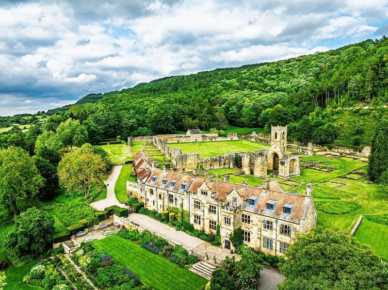 Mount Grace Priory, House and Gardens from a drone, East Harlsey, North Yorkshire, England, United Kingdom