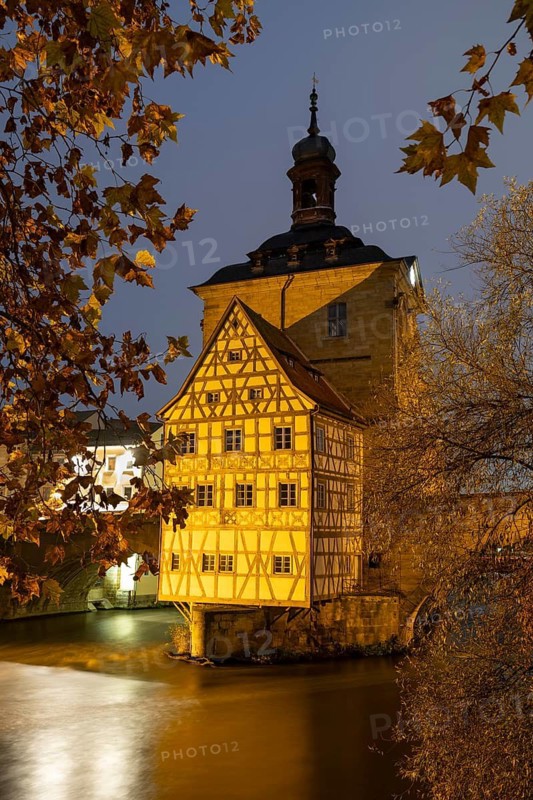 The old town hall on the river Regnitz, Blue Hour, Bamberg, Upper Franconia, Bavaria, Germany