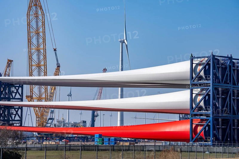 The seaport of Eemshaven, Julianahaven Basin, is where the components, rotors, tower components, technical gondolas, for offshore wind farms, which are then assembled into actual wind turbines, the components are transported to the wind farms in the North Sea with large working vessels and assembled there, Eemshaven, the Netherlands