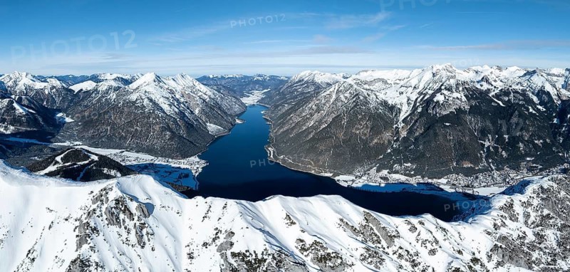 Aerial view, epic view of mountain landscape with snow in winter, summit of Bärenkopf, Achensee, Tyrol, Austria