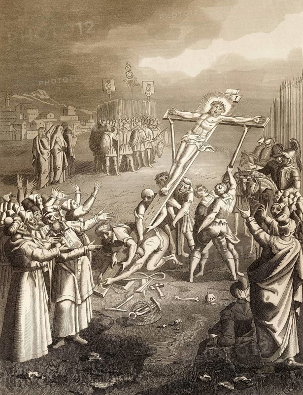 Crucifixion of Jesus, Mount Calvary, Jerusalem, New Testament, steel engraving 1853, digitally restored