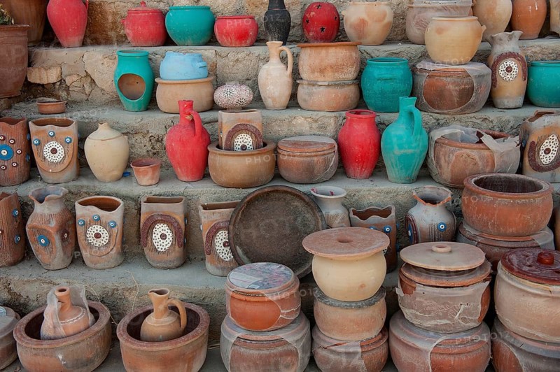 Traditional Anatolian clay pottery for sale as tourist souvenirs at a local shop in Cappadocia, Anatolia, Turkey