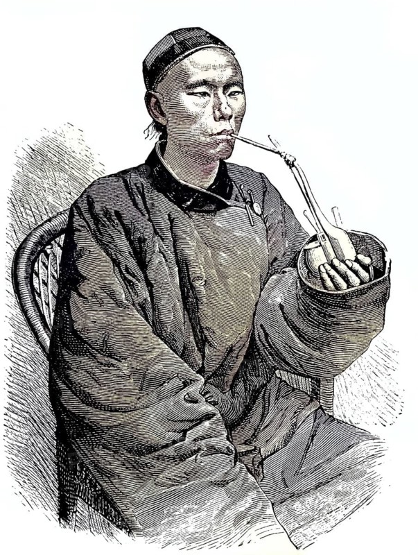 Smoking Chinese businessman in Tien Tsin, China, coloured wood engraving, reproduction of an original from ca 1888, historical, man in traditional dress smoking a long pipe and sitting on a chair