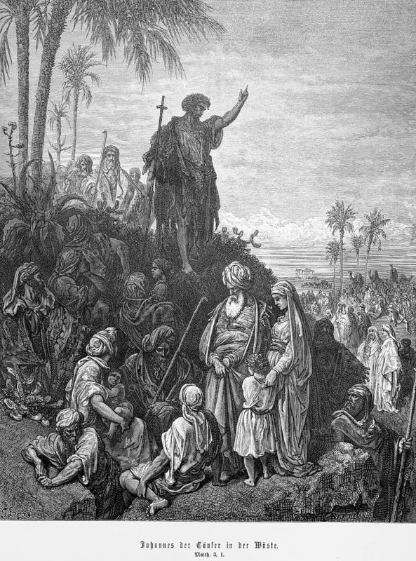 John the Baptist in the desert of Judea, Matthew, chapter 3, verse 1, people, crowd, woman, men, children, talking, listening, proclaiming, God's message, palm trees, Christian religion, Bible, New Testament, steel engraving Doré, historical illustration 1885