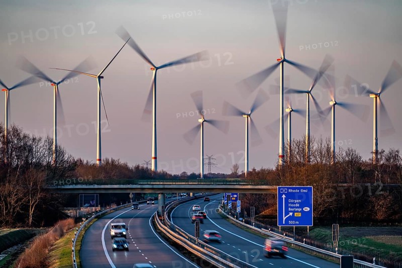 Borsum wind farm, near Rhede, on the A31 motorway, the wind farm was put into operation in 2001 and repowered in 2024, 13 old turbines were dismantled and replaced with 8 new Enercon E160 wind turbines and an Enercon E147, with a total output of almost 50 MW, Lower Saxony, Germany