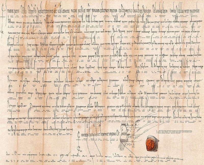 Facsimile of a certificate by Charlemagne, May 9th, 813, the woods of Buchonia is given back to Asig, Hauucabrunno between the rivers Werra and Fulda