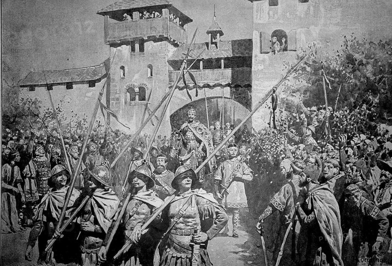Charlemagne's entry into Aachen was a central motif and highlight at a Berlin artists' festival that took place in the late 19th century, specifically on May 21, 1891, in the Berlin exhibition park, Germany, authentic, digitally restored reproduction of a 19th-century model, exact date of depiction unknown, historical, knights and soldiers in armor gather in front of a medieval castle in a crowd of people