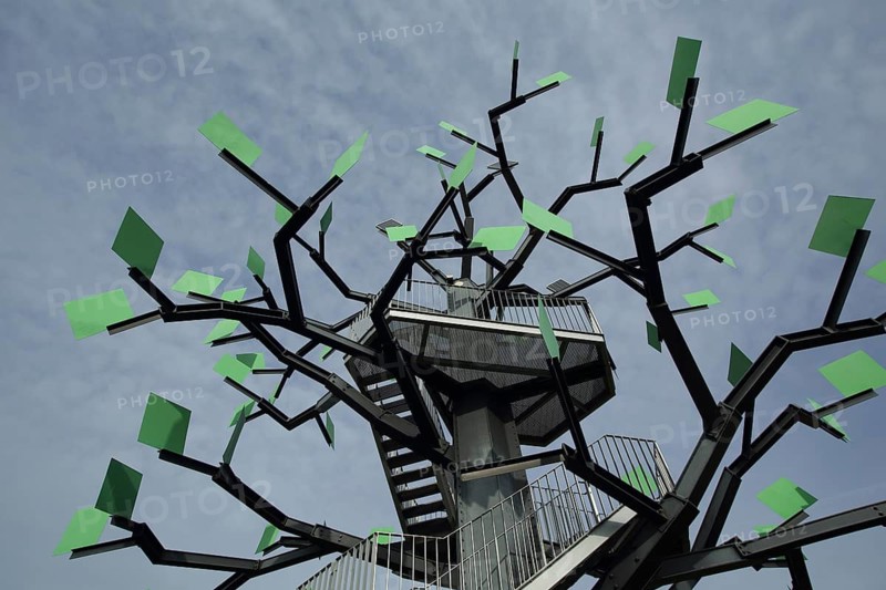 Eisenbaum observation tower, tree figure, steel structure, modern art, steel sculpture, view from below, stairs, RheinMain Regional Park, Rhine-Main, Flörsheim, Hesse, Germany