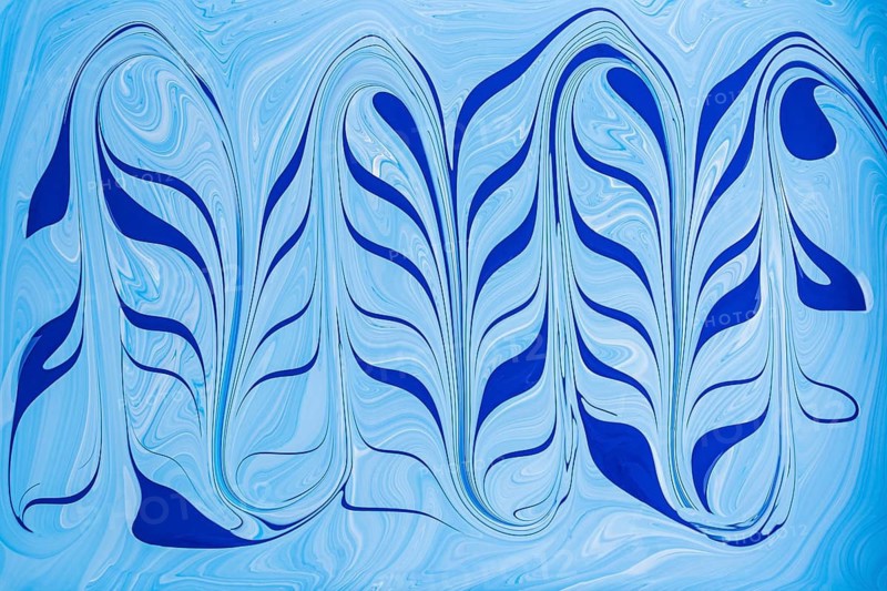 A mesmerizing abstract floral pattern with fluid blue and white acrylic paint swirls, forming leaf like shapes. The flowing design evokes movement and elegance, perfect for creative design projects
