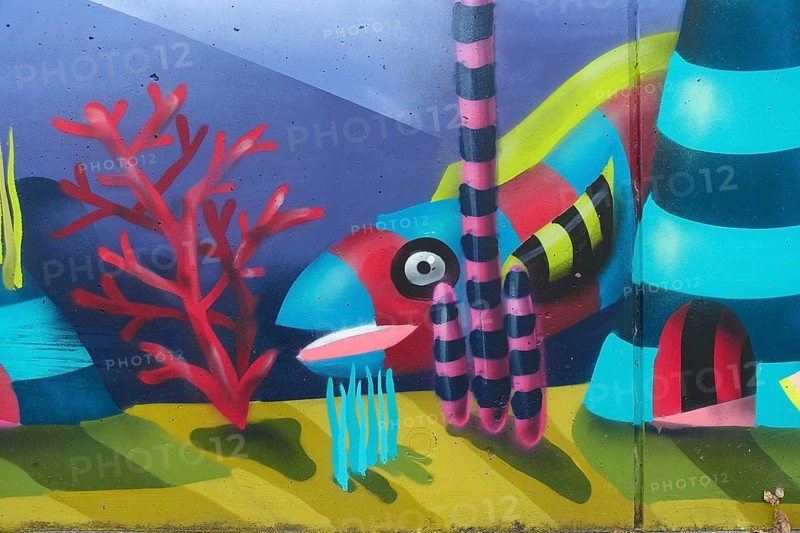 Graffiti, spray art, colorful pictures, public art, mythical creatures, fantastic creatures, animal beings, fish, artistically designed entrance to the underground car park, concrete wall, Orschel-Hagen, district of Reutlingen, Baden-Württemberg, Germany