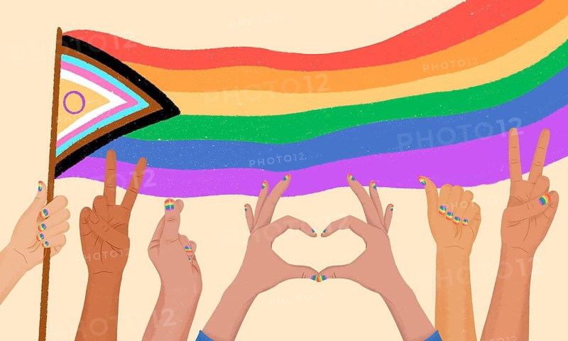 Illustration of diverse hands showing peace signs and a heart beneath a vibrant rainbow pride flag. Nails are painted in rainbow colors, symbolizing unity and equality