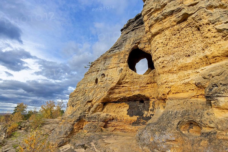 Klusfelsen, sandstone rock formation in Goslar near Halberstadt on the edge of the Harz Mountains, Saxony-Anhalt, Sachsen-Anhalt, Germany