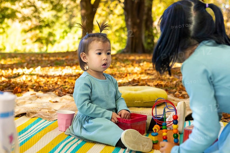 An asian family enjoys an autumn picnic outdoors. Children play on a colorful blanket surrounded by fallen leaves, creating a heartwarming scene of togetherness and joy