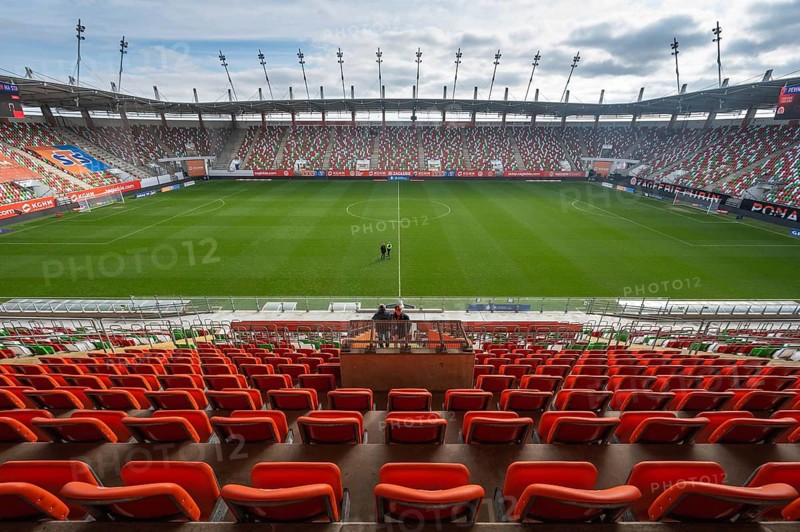 LUBIN, POLAND - FEBRUARY 18, 2024: Football match Polish PKO Ekstraklasa between KGHM Zaglebie Lubin vs Cracovia 1:1. Aerial view at the stadium