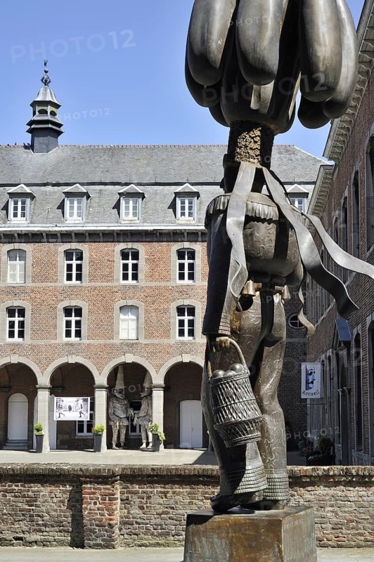 Statue of the Gilles from Binche and Museum of Carnival and Mask, Musée du Carnaval et du masque at Binche, Hainaut, Wallonia, Belgium