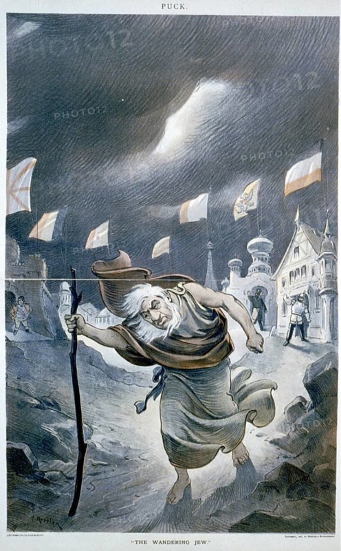 The Eternal Jew, ca. 1901: An old, barefoot, bearded Jewish man is driven out of buildings with flags of various nations in a storm. Anti-Semitism