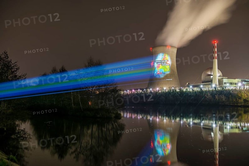 Protest action broadcast by the anti-nuclear organization, projection, night view, 05-03-2026, Waldshut, Leibstadt nuclear power plant, Rhine, Upper Rhine, Canton of Aargau, Switzerland