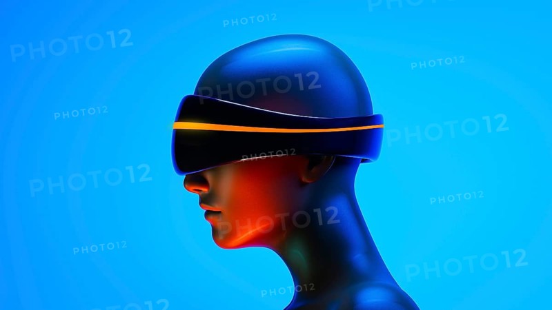 A humanoid wearing virtual goggles experiences an augmented world filled with artificial intelligence and futuristic elements under vibrant lighting