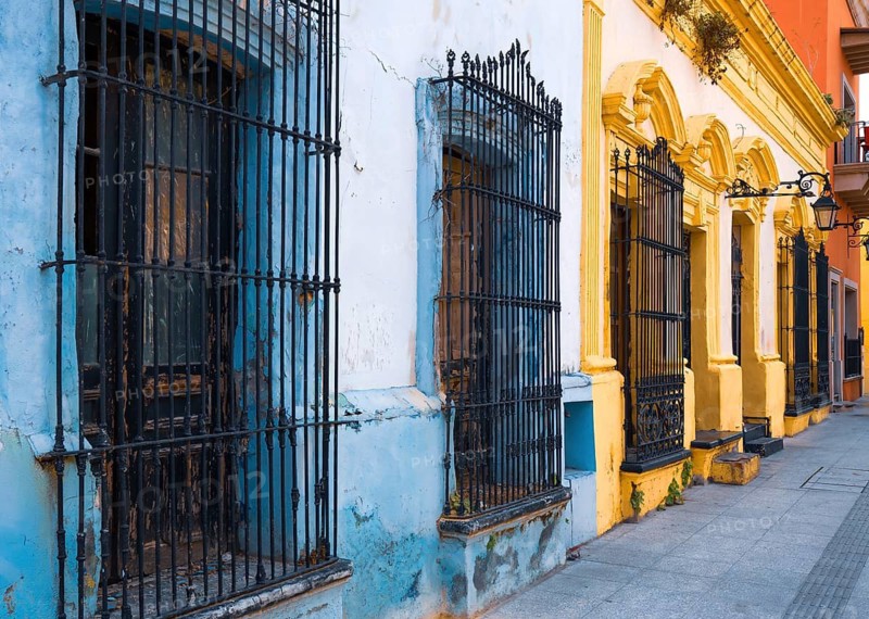 Mexico, Monterrey, colorful historic buildings in the center of the old city, Barrio Antiguo, a famous tourist attraction