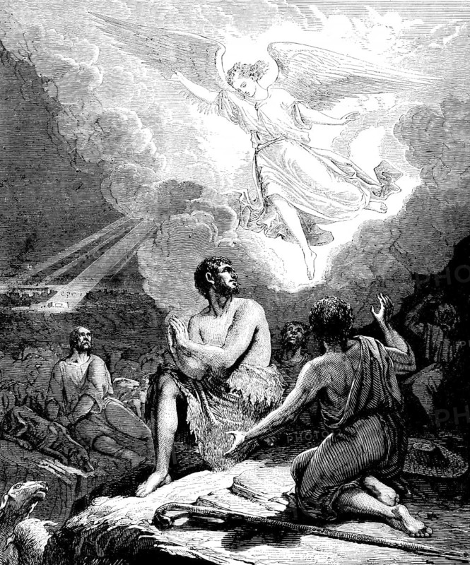 The angel's message to the shepherds, do not be afraid, I announce great joy to you, Luke's Gospel, chapter 2, verse 10, New Testament, sky, clouds, ray of light, rocks, looking up, shepherd's staff, Bible, historical illustration 1850