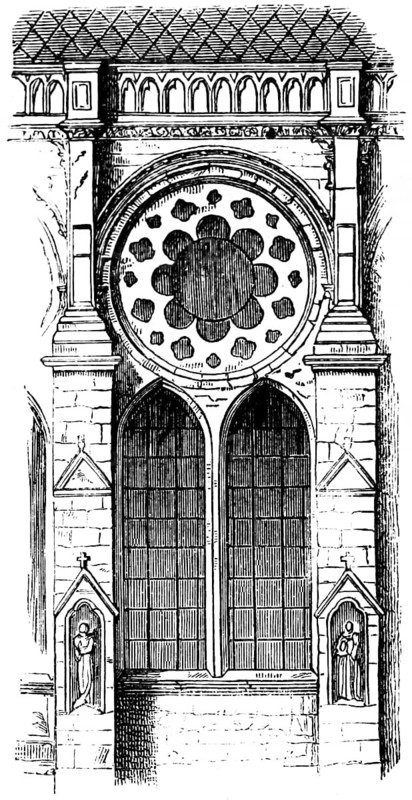 Window of Notre-Dame Cathedral of Chartres, French Gothic, UNESCO World Heritage Site, rose window, window, masonry, figures, France, historical illustration 1880