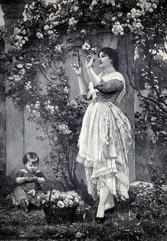 Blooming climbing rose, a woman cutting flowers, her child playing with a flower, 1896, authentic, digitally restored reproduction from a 19th century model, exact date of depiction unknown, historical, a woman picking flowers in a garden while a child plays with flowers nearby