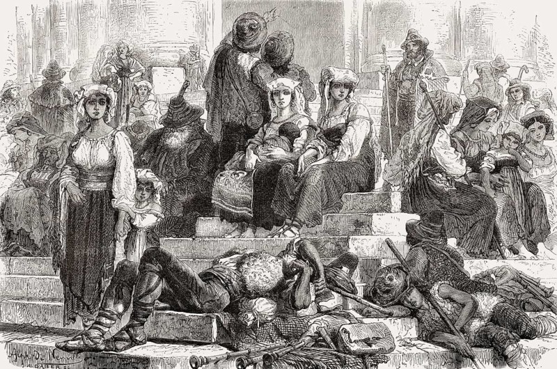 People sitting at the steps of the Papal Basilica of St. Peter, St. Peter's Square, Vatican City, Rome, Italy, 19th Century