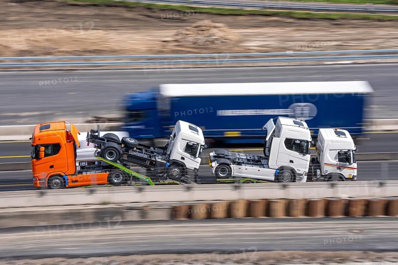 Car transporters, vehicles are being transported, A3 motorway, truck tractors