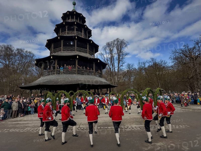 Schaeffler dance in 2026 in the English Garden, behind the Chinese Tower. The event takes place every 7 years between Epiphany and Shrove Tuesday, Munich, Bavaria, Germany