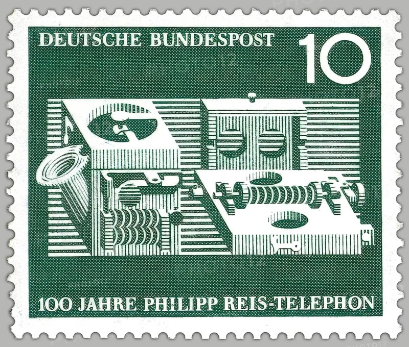 Postage stamp, Telephone transmitter mechanism by Johann Philipp Reis, 1834 – 1874, German scientist and inventor