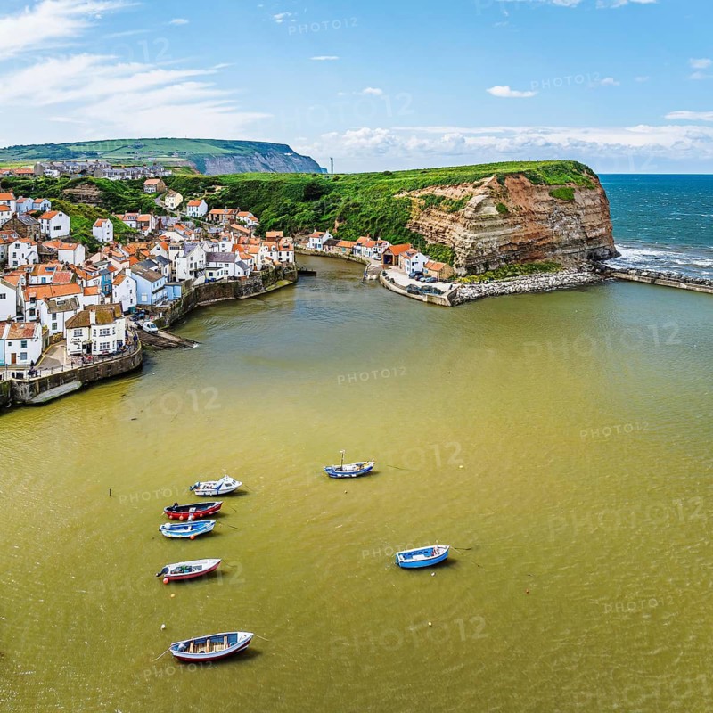 Staithes Village from a drone, North Yorkshire, North York Moors National Park, England, United Kingdom