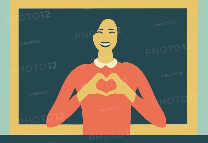 A minimalist illustration of a smiling woman in a peach-colored top forming a heart shape with her hands, set against a dark blue and yellow background. Perfect for concepts of love and positivity