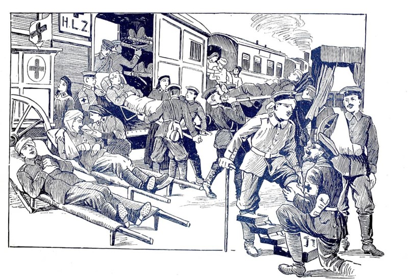 First World War, hospital procession back to home Germany, wounded soldiers are invited, 1916, illustration, reproduction from a model from the 19th century. Authentic, file restored for optimal use, exact date of submission unknown, historical