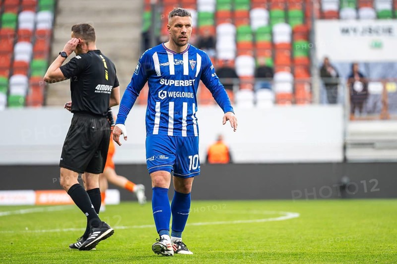LUBIN, POLAND - APRIL 11, 2025: Football match between KGHM Zaglebie Lubin vs Gornik Zabrze. Lukas Podolski joy after the goal