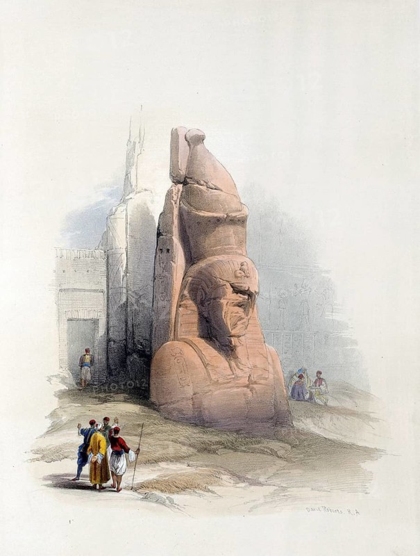 One of two colossal statues of Ramses II, entrance to the temple in Luxor, Egypt, around 1850, historical, digitally restored reproduction from a 19th century model, exact date unknown