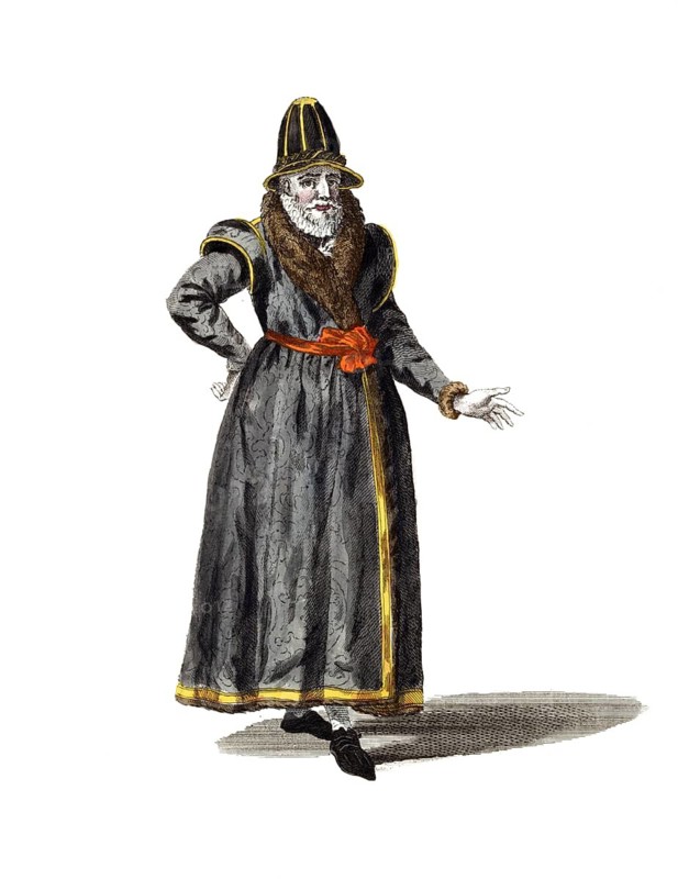 Historical clothing, fashion over time, clothing style of an English nobleman in 1577, England, digitally restored reproduction of an 18th/19th century model, exact date unknown, man with beard and black robe, yellow accents, formal and serious expression