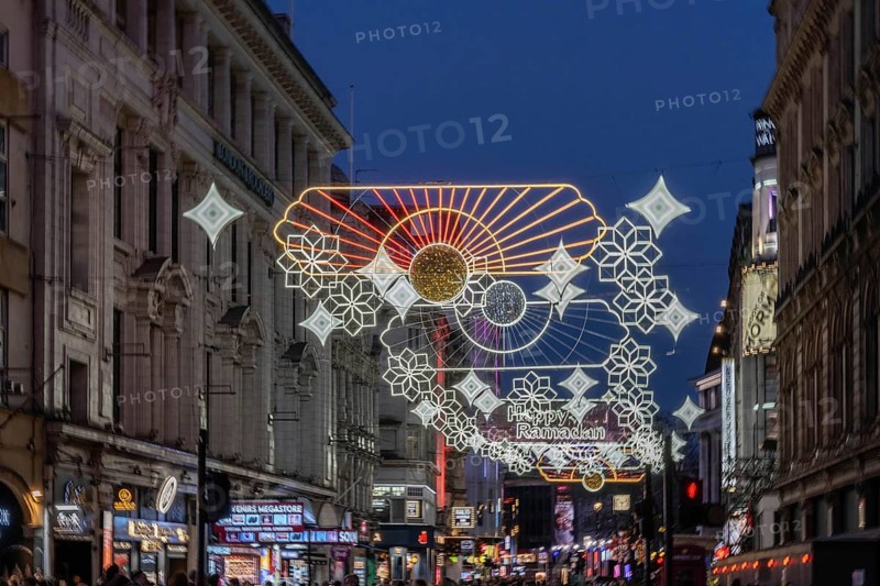 London, UK. February 25th 2026. City of London Ramadan lights display part of a multi faith celebration of the Muslim holy month seen from Piccadilly Circus in the West End, UK