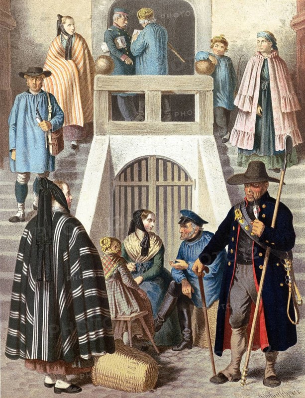 Traditional costumes in Germany around 1820, Harz province, people in traditional dress on a staircase near an entrance, various scenes outdoors, digitally retouched reproduction of a model from around 1850, by Albert Kretschmer (27 February 1825, 11 July 1891), German painter and costumier
