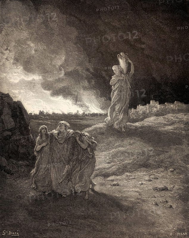 Lot and his family fleeing from burning Sodom and Gomorrah, Old Testament, woodcut by Gustave Doré