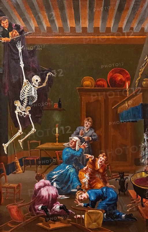 Trick a witch, Playing a trick on a witch, painting by Jean-Baptiste Cariven (1843 to 1904, French painter, reproduction of a 19th century painting, digitally restored, historical