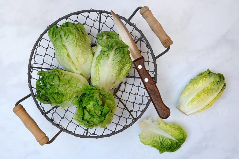 Baby salad, salad in basket with knife