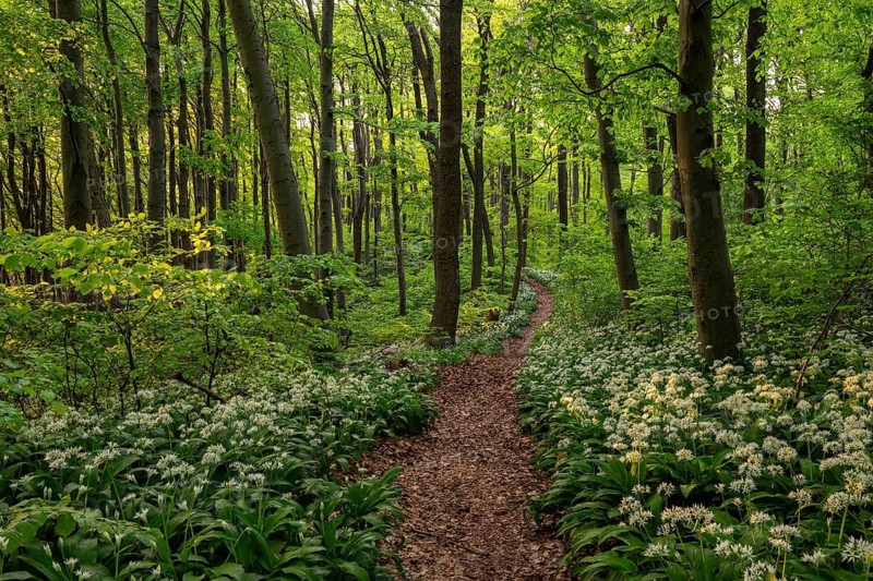 A picturesque path or forest path lined with white flowering wild garlic (Allium ursinum) leads through a lush green deciduous forest in spring, Ith, Eschershausen, Weserbergland, Lower Saxony, Germany