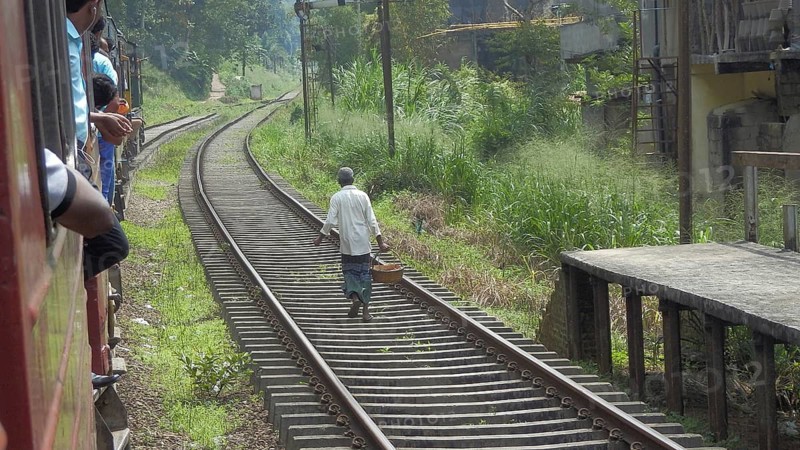 A man with a basket walks along the rails as passengers look out of a moving train, railroad romance in the highlands of Sri Lanka