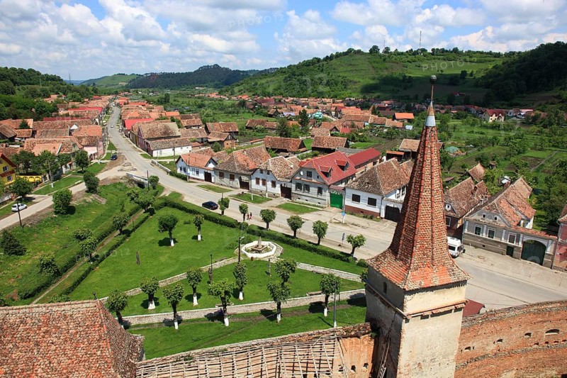Romania, view of the village from the tower of the fortified church of Mosna, German Meschen or Mäschen, municipality in the district of Sibiu in Transylvania